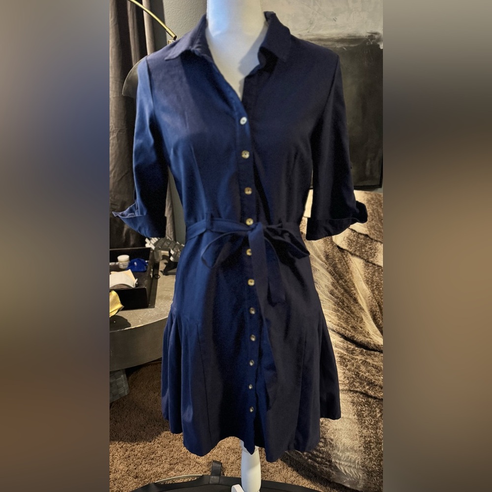 Iris Bloom Navy Button Front Shirt Dress Large Dark Academia Minimalist‎